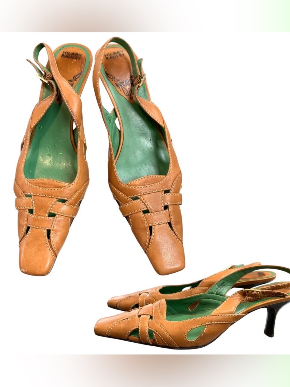 Hilary Radley Tan Leather Slingback Heels with Green Insole S6